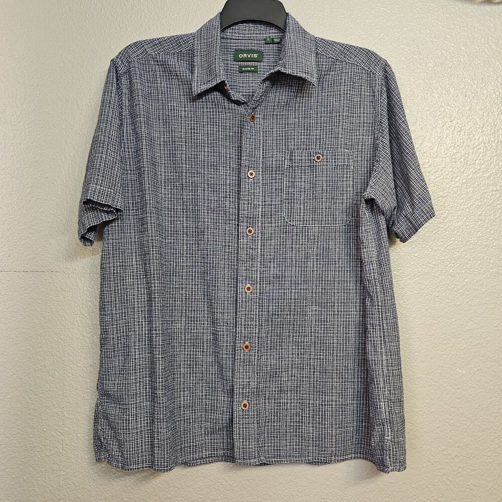 Orvis Men’s Hemp Blend Short Sleeve Button Up Shirt Size Large Blue Check T390